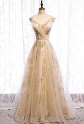 Champagne Tulle Sequins Long Prom Dress Evening Gown